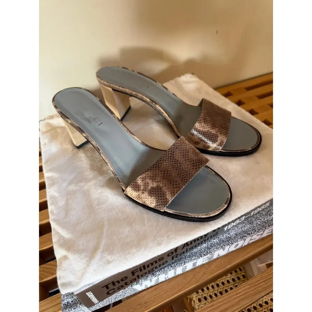 Gucci Tom Ford Era Snakeskin Print Leather Mule Sandals Wood Heel Size 7.5B
